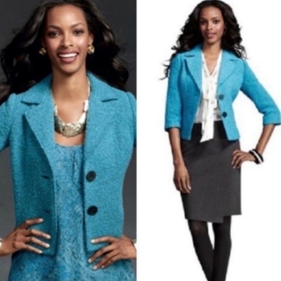 CAbi Turquoise Blue Boucle Charming Wool Blend Blazer size 8 - Picture 1 of 11
